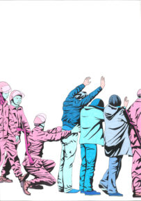 dessin colorié de personne debout semblant face à un mur, couleurs pastels