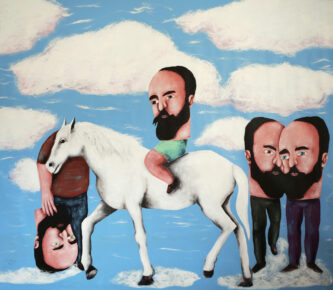 une peinture avec des personnages et un grand cheval blanc