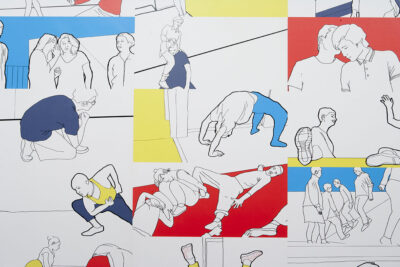 Papier peint réalisé par l'artiste. Representant des personnes dans différentes positions et couleurs primaires.