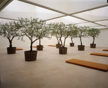 installation : 8 oliviers en bacs, 6 gisants en bois et plomb