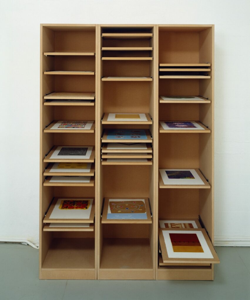 30 dessin, technique mixte, contrecollé sur medium, glissière métalique, plastique, bibliothèque