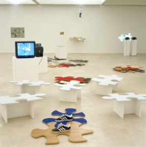 technique mixte : ensemble de 101 pièces présentées dans la Galerie carrée (bois, métal, objets divers, projection vidéo…)