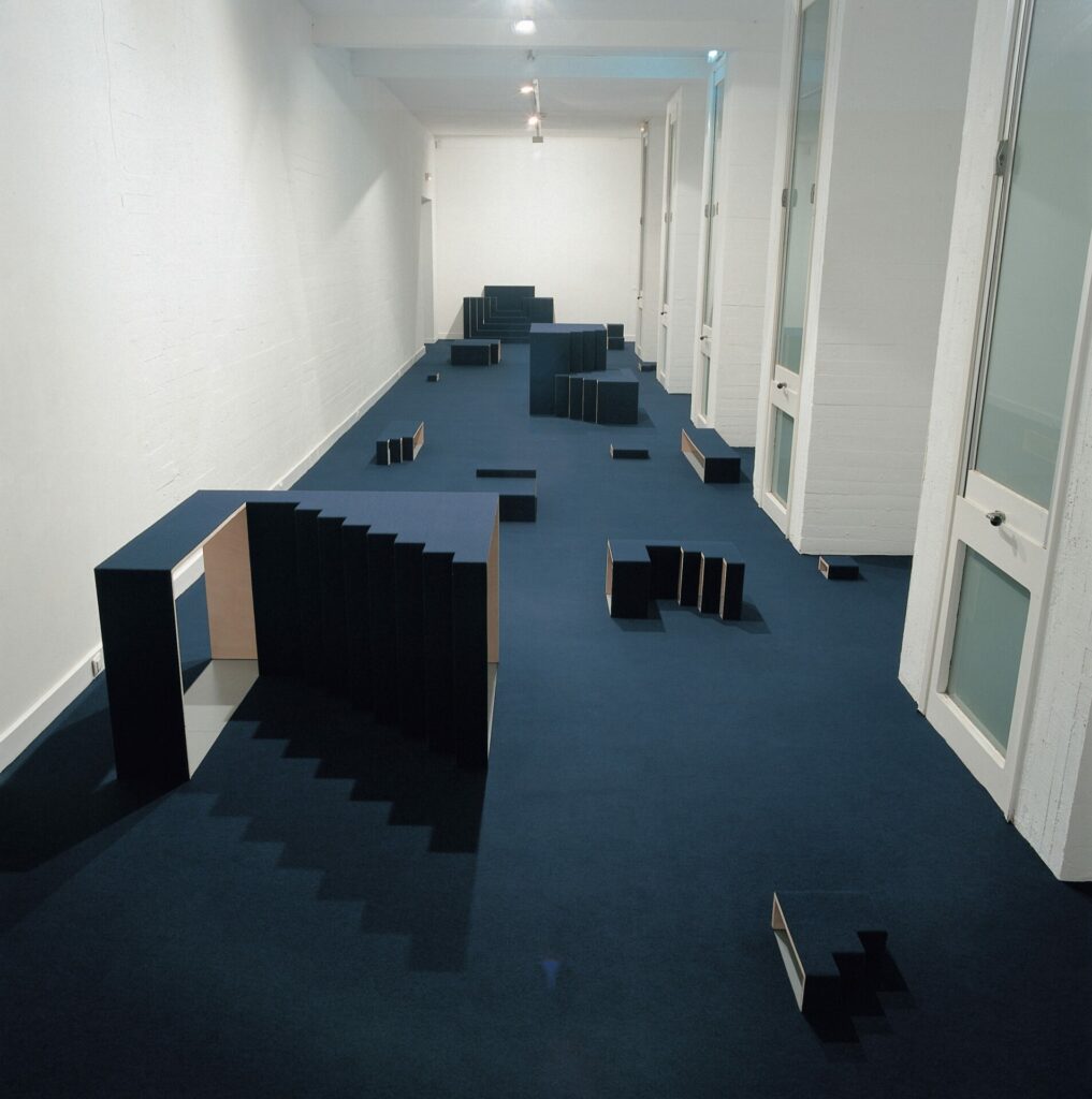 la moquette bleu nuit recouvrait : le sol entier de la salle, installation, escalier et modules architecturaux en contre plaqué