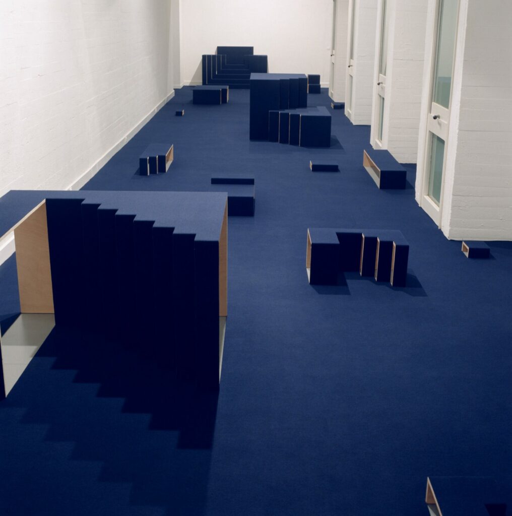 la moquette bleu nuit recouvrait : le sol entier de la salle, installation, escalier et modules architecturaux en contre plaqué