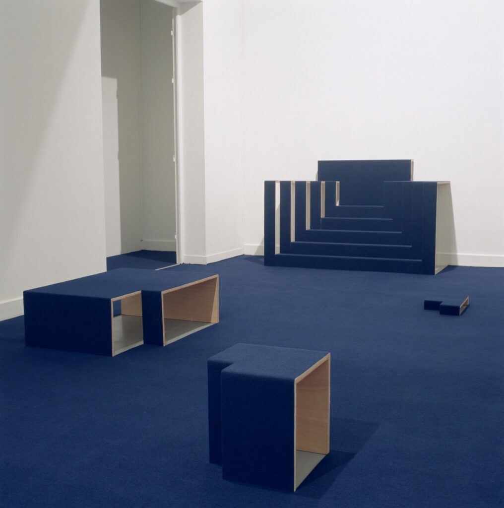 la moquette bleu nuit recouvrait : le sol entier de la salle, installation, escalier et modules architecturaux en contre plaqué
