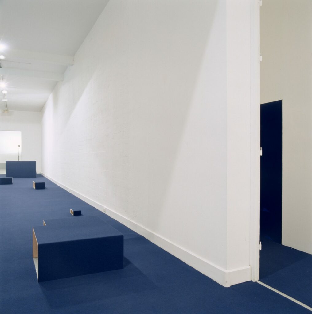 la moquette bleu nuit recouvrait : le sol entier de la salle, installation, escalier et modules architecturaux en contre plaqué