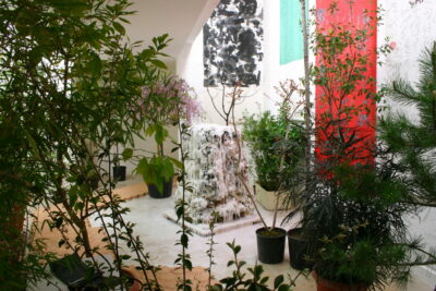 installation multimedia (calligraphies, peintures, plantes, pierres, tuiles, pont,TV, vidéoprojecteur, moniteurs, œuvre "Cascade, accessoires diversl)
