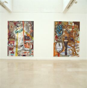 huile, laque, vinyl sur toile enduite de plâtre montée sur bois